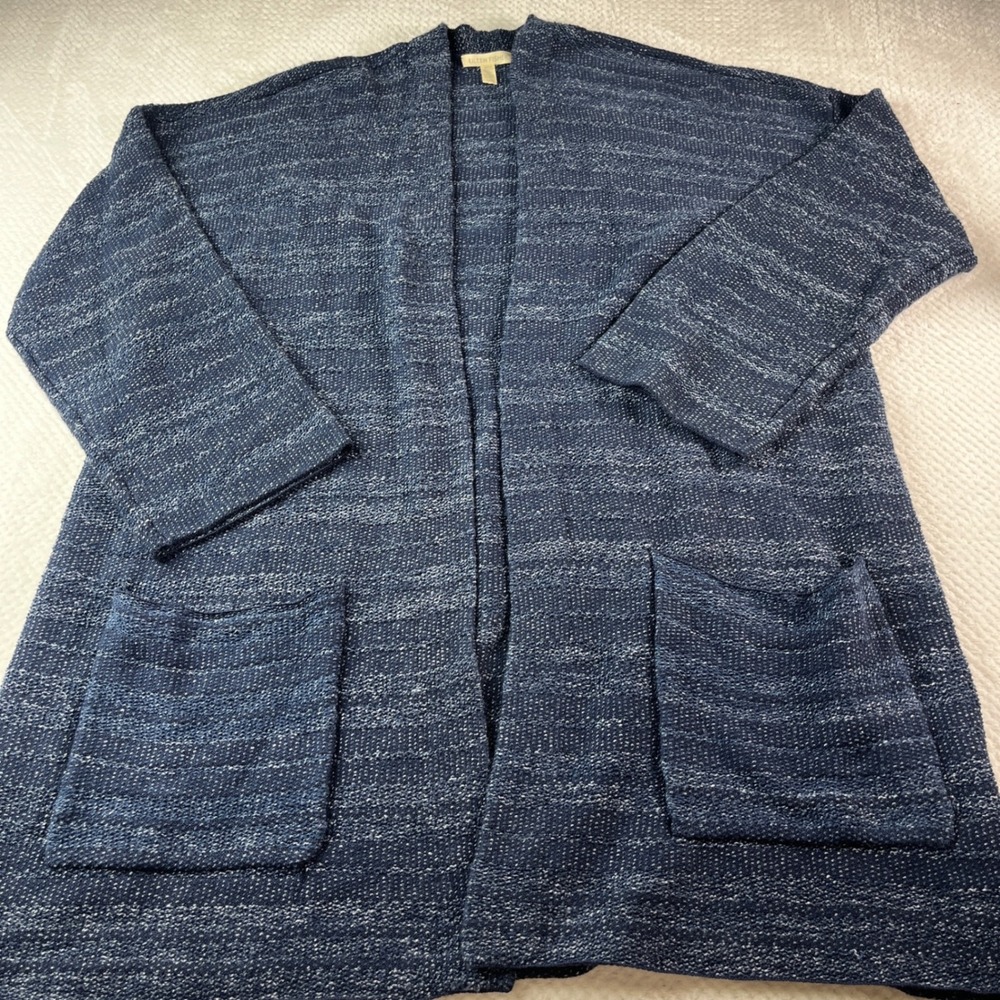 EILEEN FISHER Blue Speckled Knit Open Front Cardigan Sweater L G - Picture 2 of 8